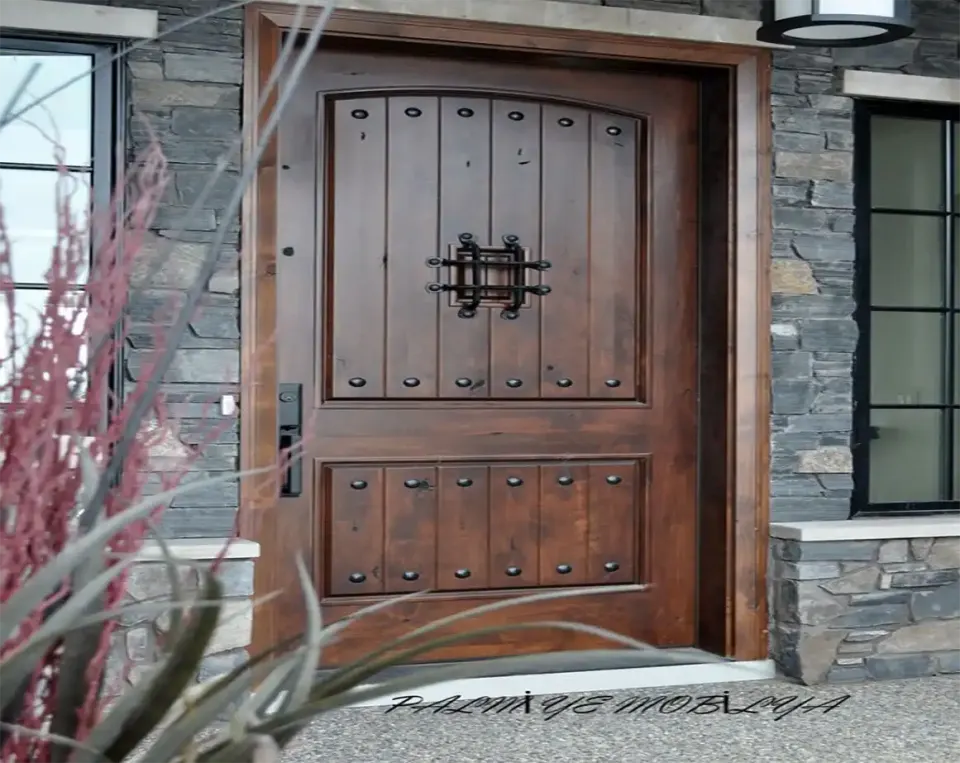 Rustic Walnut-Tone Front Door – Clavos and Speakeasy Grille