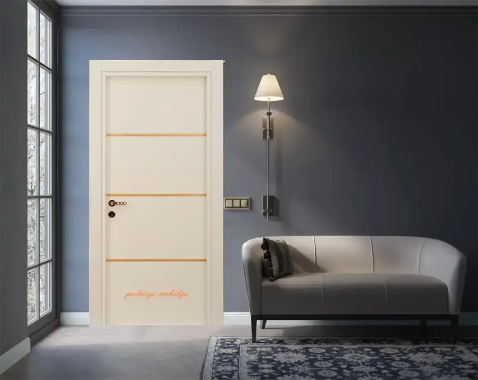 Cream lacquered door crossed by three wood-tone horizontal bands in a navy-walled sitting area