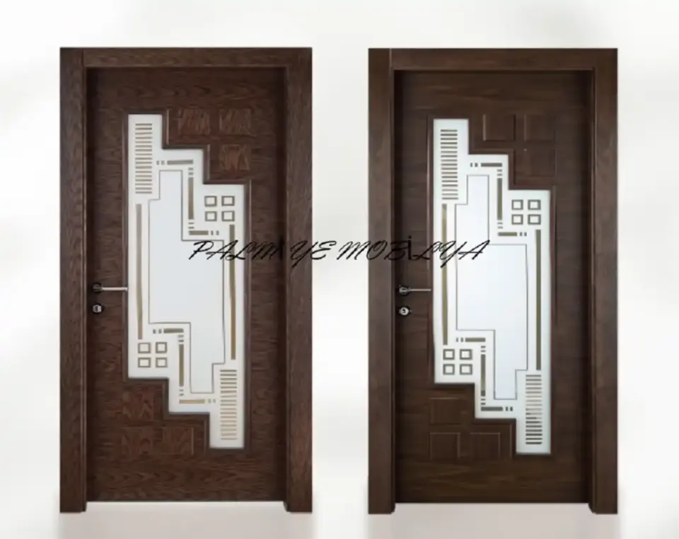 Wenge-Tone Glazed Doors – Geometric Frosted Glass Pattern