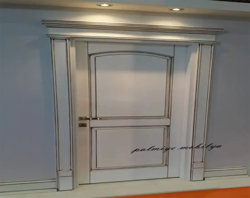 Patinated White Wooden Door – Corniced Head, Arched Panel