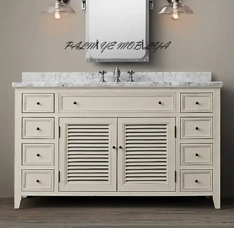 Cream Eight-Drawer Bathroom Vanity – Louvred Centre Doors