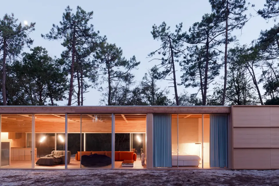 Villa Exterior – Long Glazed Facade and Timber Eave at Dusk