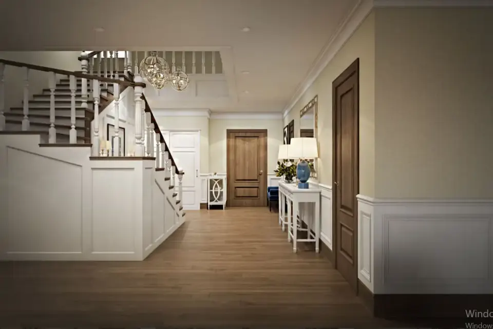 Villa Entrance Hall – White Panelled Stair and Wooden Doors