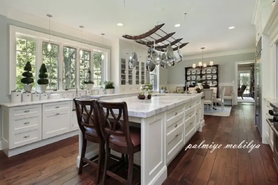 White Shaker Kitchen – Long Marble Island, Hanging Pot Rack