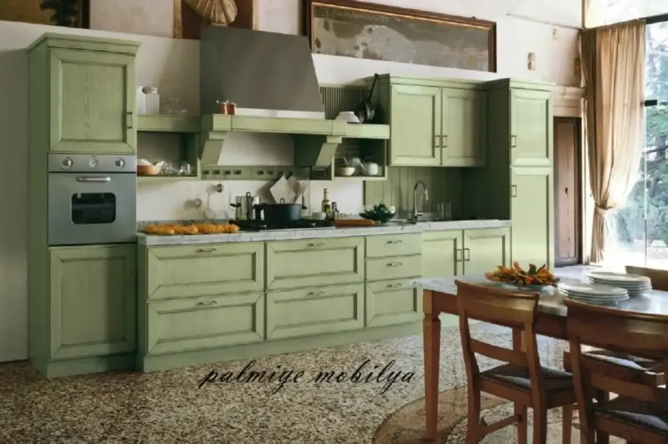 Pistachio Green Distressed Kitchen – Open Shelves by the Hood