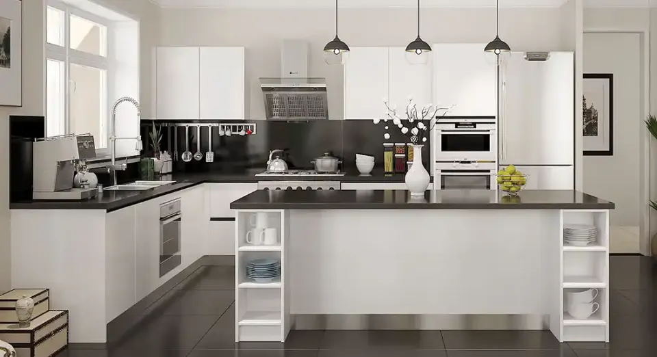 White Gloss Handleless U-Kitchen – Black Worktop, Shelf Island