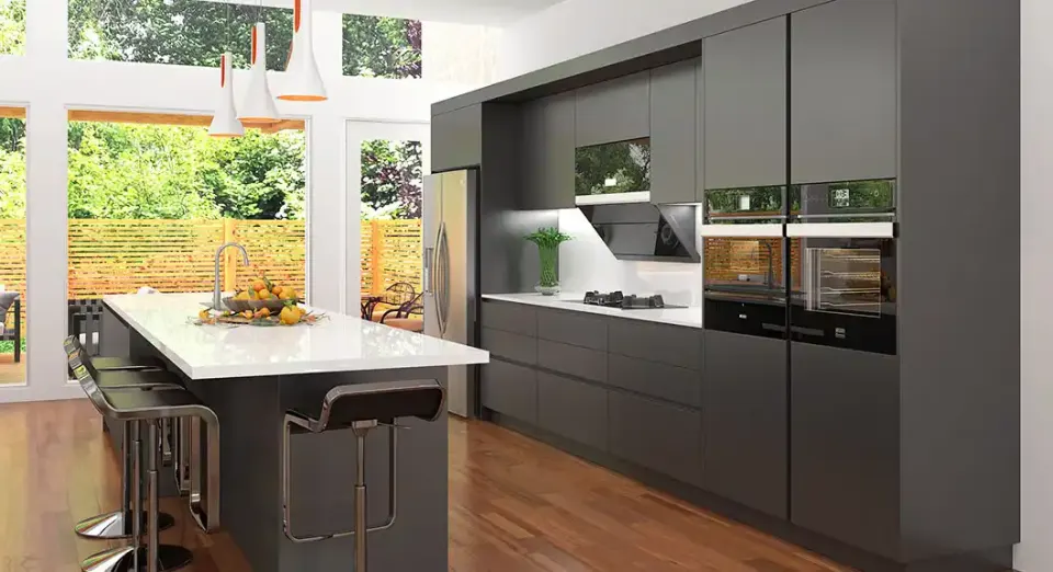 Dark Grey Flat-Door Kitchen – Integrated Tall-Unit Wall, Island