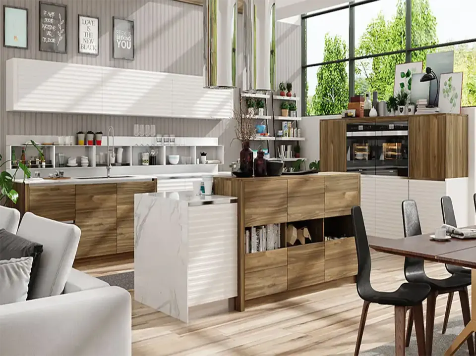Walnut-Pattern and White Kitchen – Open-Shelf Island