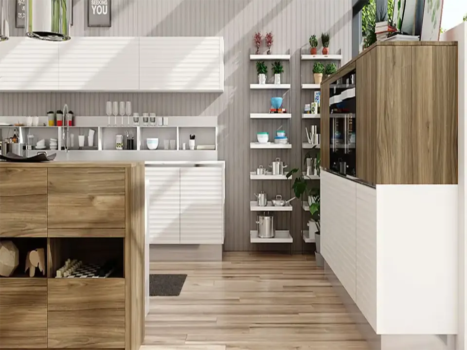 Walnut-pattern and white kitchen with an open-shelf island, wavy white doors and built-in oven