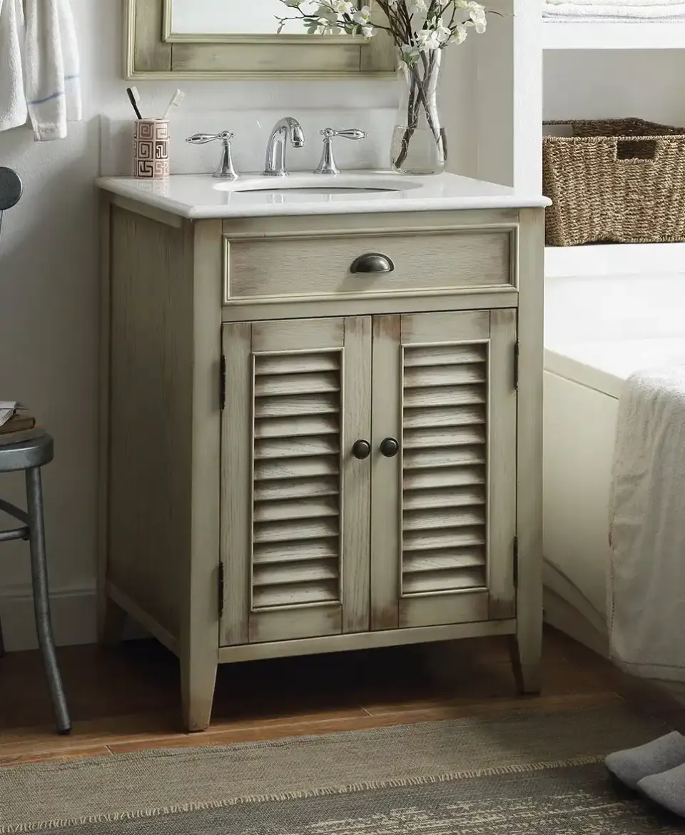 Farmhouse Cream Bathroom Vanity – Cup-Pull Drawer, Shutters