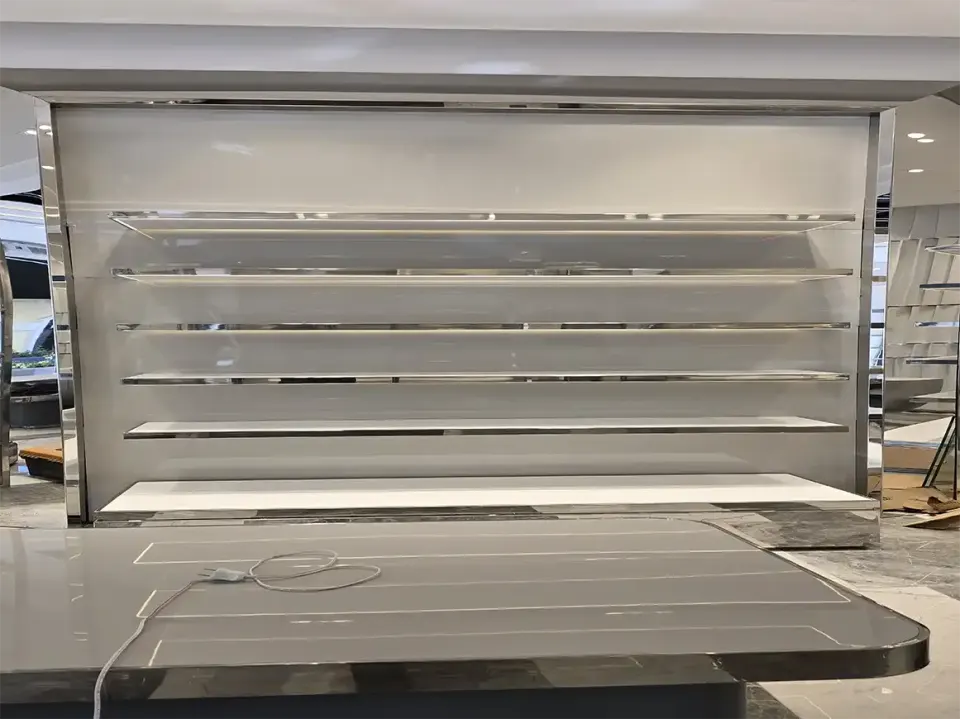 Store Wall Unit – Grey Lacquer Body, Chrome-Edged Shelves