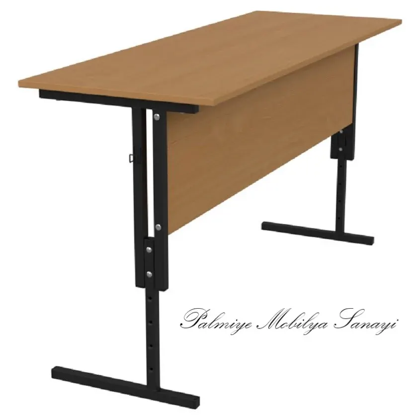 Two-seat school desk with height-adjustable black legs and a front modesty panel