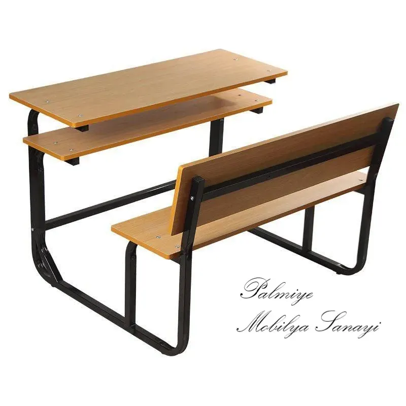 Combined school desk and bench with a curved black tubular frame and lower shelf