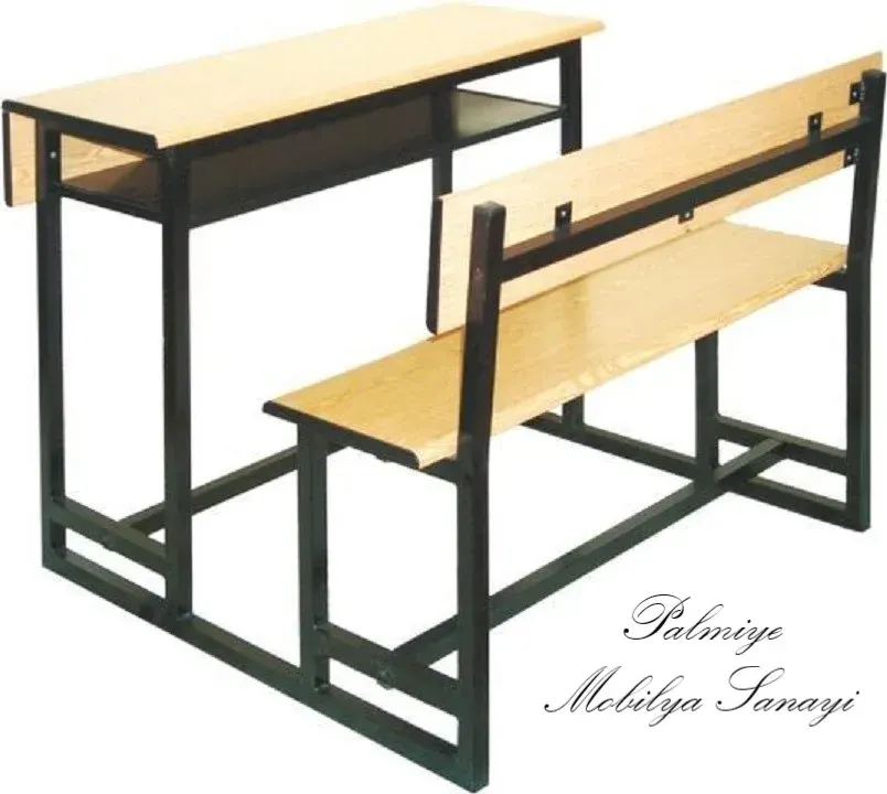 Double school desk with attached light wood bench on a dark green metal frame