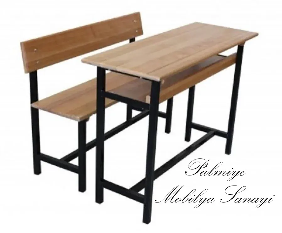 School desk joined to a slatted wooden bench with backrest on a black metal frame