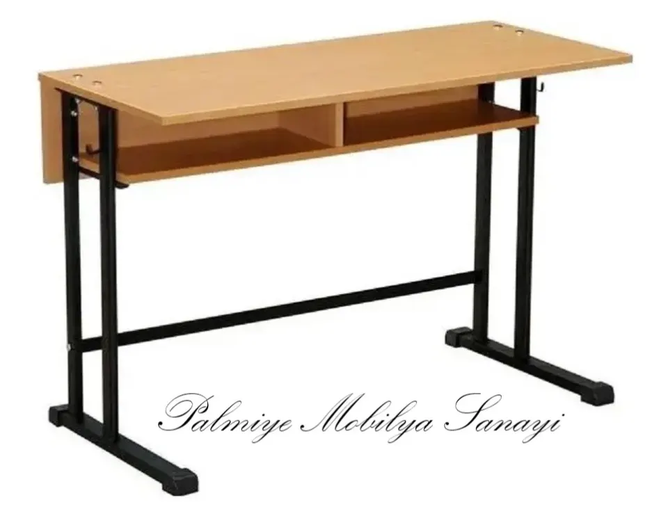 Two-seat school desk with a divided book shelf and black T-shaped legs