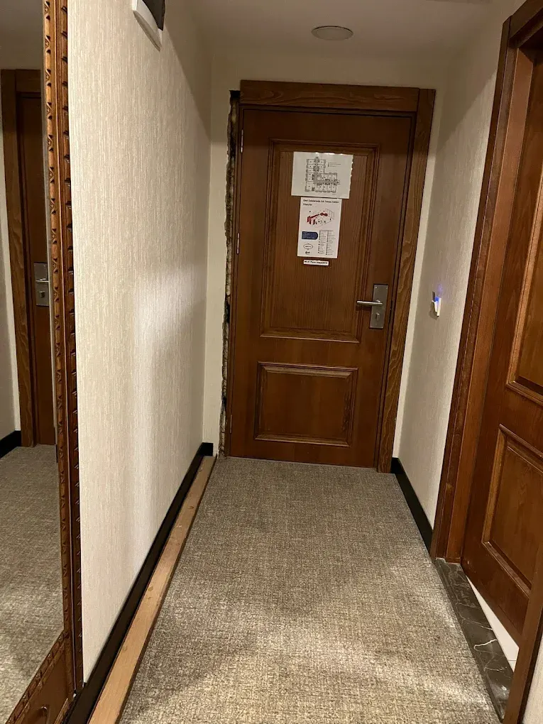 Hotel Room Entry Door – Panelled Wood Door, Carved Mirror Frame