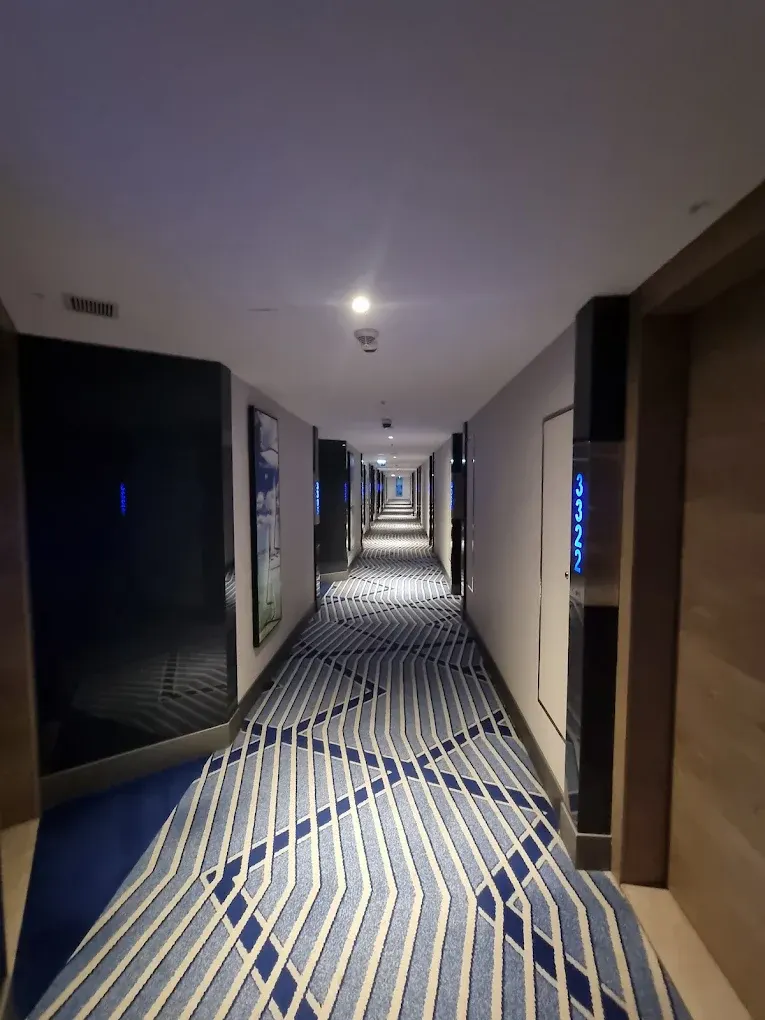 Hotel Corridor – Black Glass Door Surrounds, Patterned Carpet