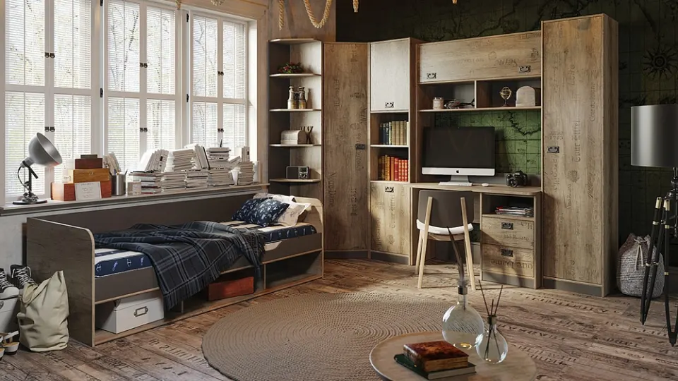 Dorm Room Furniture – Rustic Wood Tone, Study Wall with Shelving