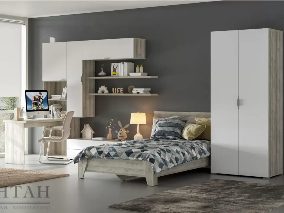 Dorm Room Set – White Wall Cabinets over Desk, Grey Oak Bed