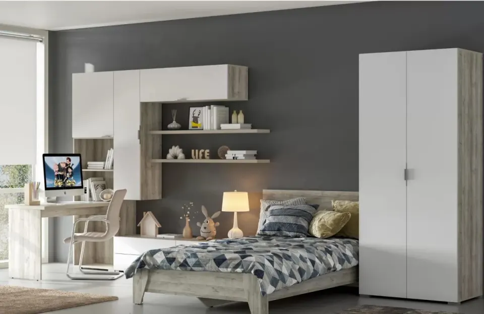Dorm room set with white wall cabinets over the desk, open shelves and a grey oak bed