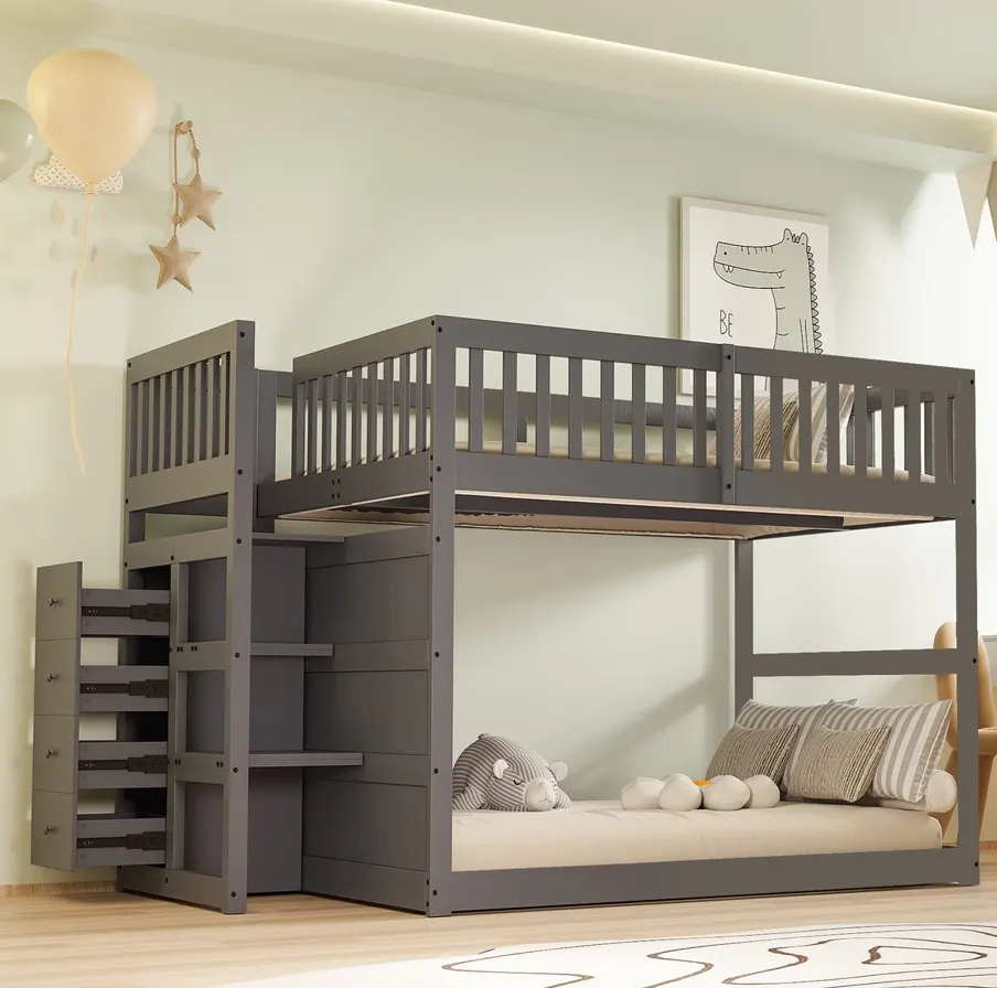 Bunk Bed with Drawer Steps – Grey, Pull-Out Stair Drawers