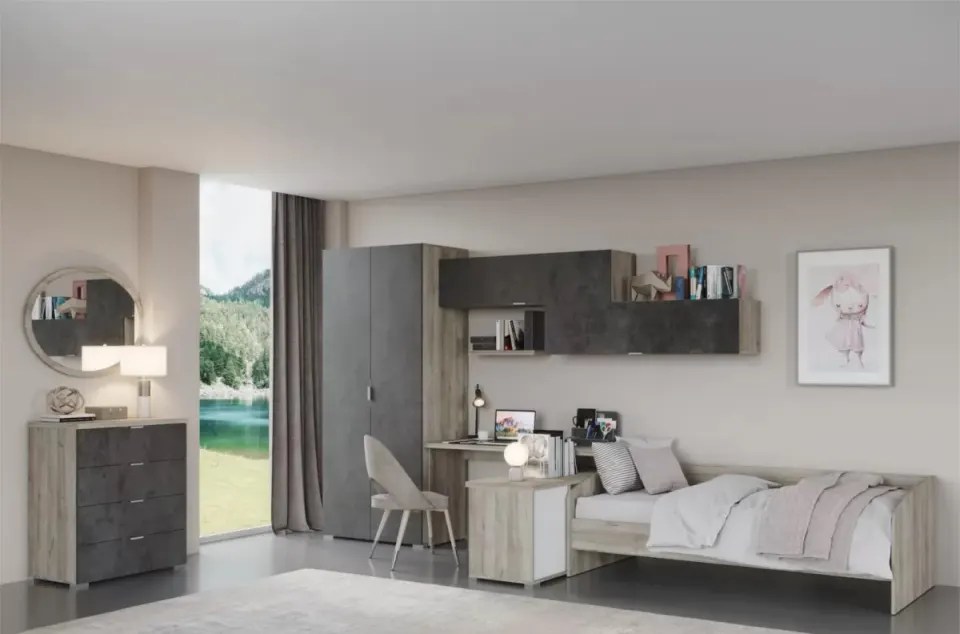 Dorm Room Set – Grey Oak and Concrete Grey, Corner Daybed