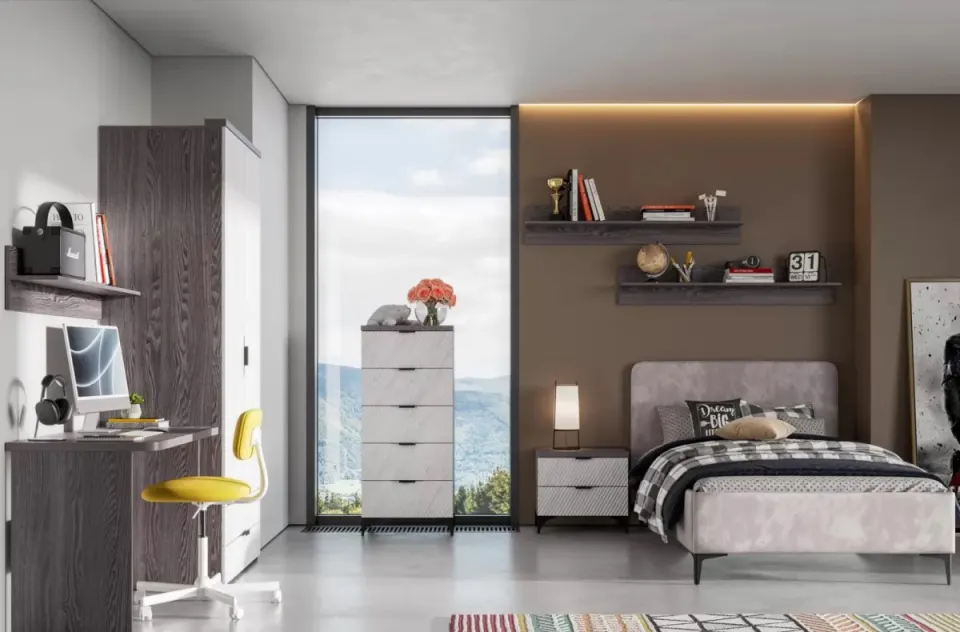 Dorm Room Set – Pink Upholstered Bed, Dark Wood Wardrobe