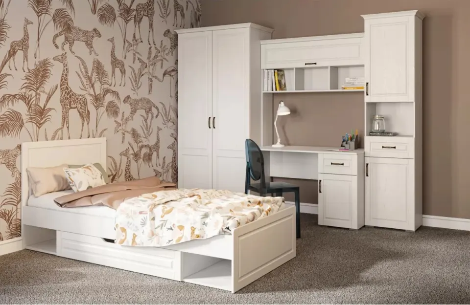 Dorm Room Set – White Classic Framed Doors, Desk with Hutch