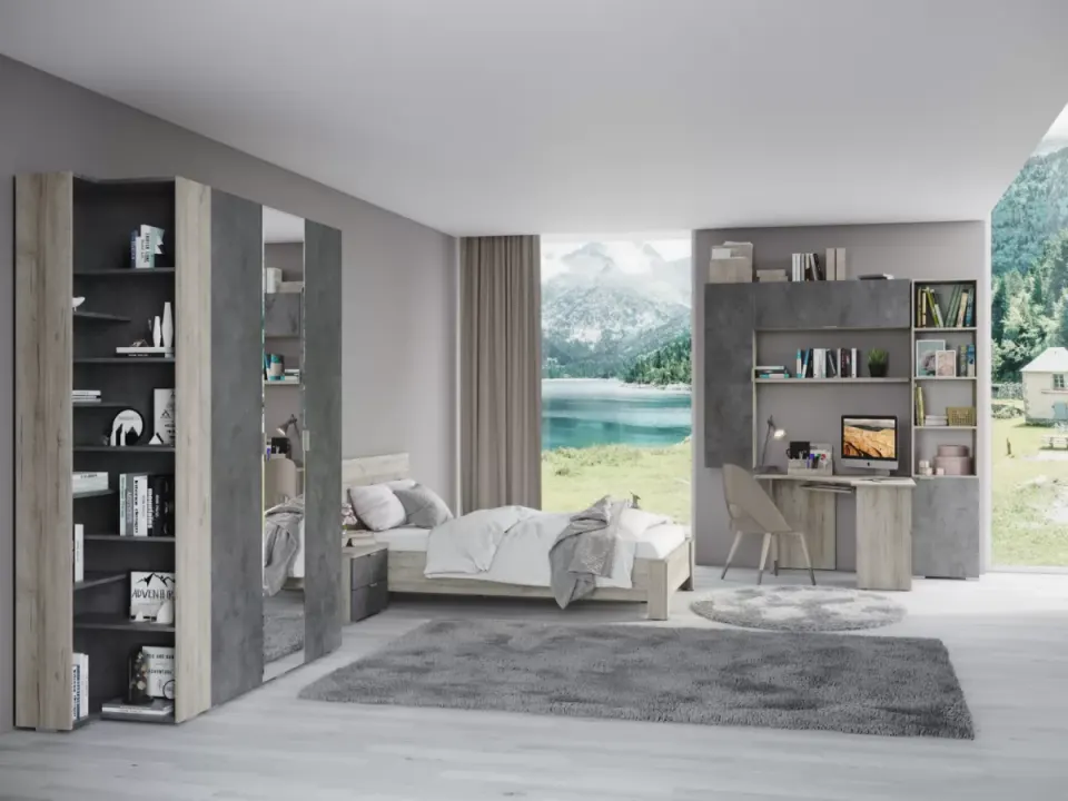 Dorm Room Set – Oak and Concrete Grey, Corner Bookcase