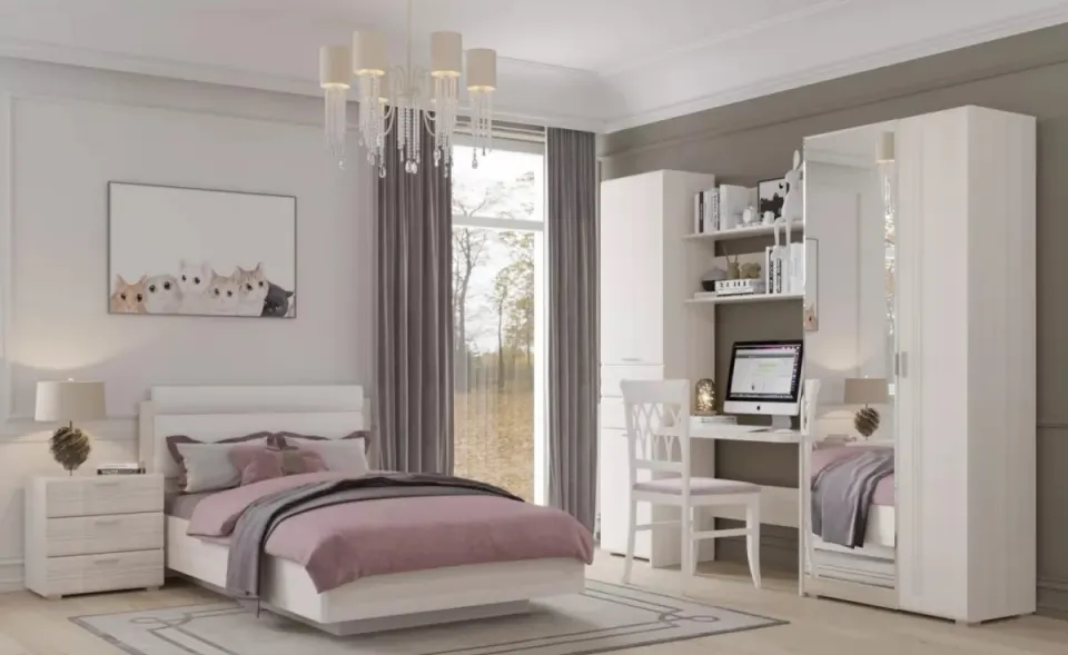 Dorm Room Set – White with Mirrored Wardrobe and Pink Accents
