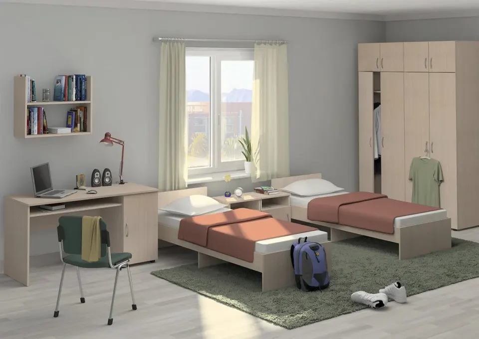 Dorm Room Set – Two Single Beds in Light Oak Tone