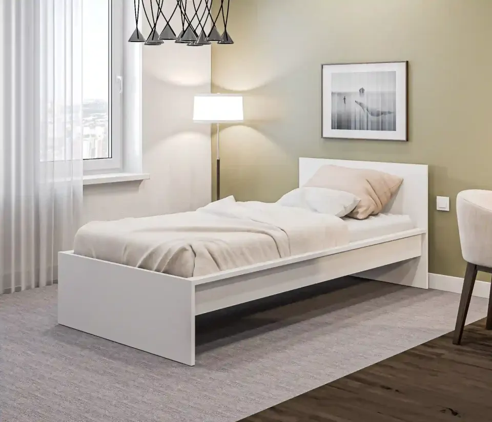 Dorm Single Bed Frame – White, Plain Panel Design