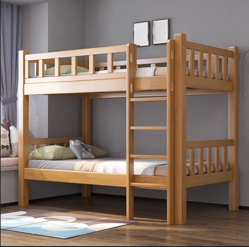 Wooden Bunk Bed – Honey Tone with Central Ladder and Guard Rails