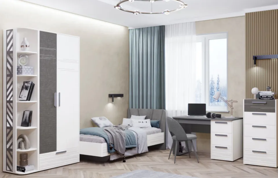 Dorm Room Set – White and Anthracite, Wardrobe with Open Shelves