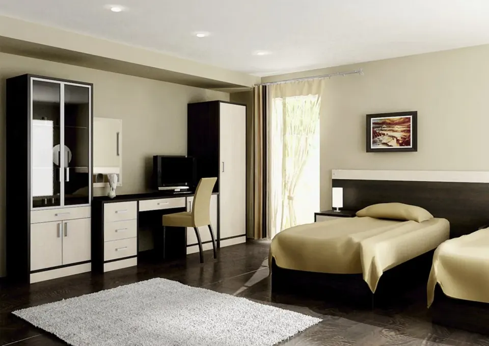 Dorm Room Set – Wenge and Cream, Twin Room with Glass Cabinet