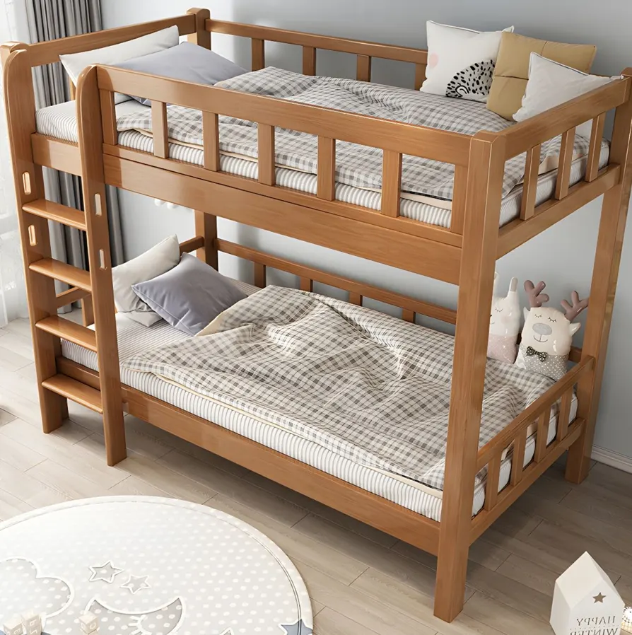 Wooden Bunk Bed – Honey Tone, Side Ladder, Rounded Posts