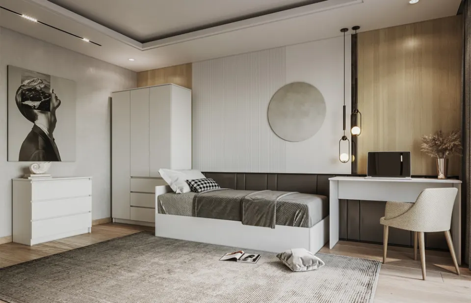 Dorm Room Set – White Furniture with Upholstered Wall Panel