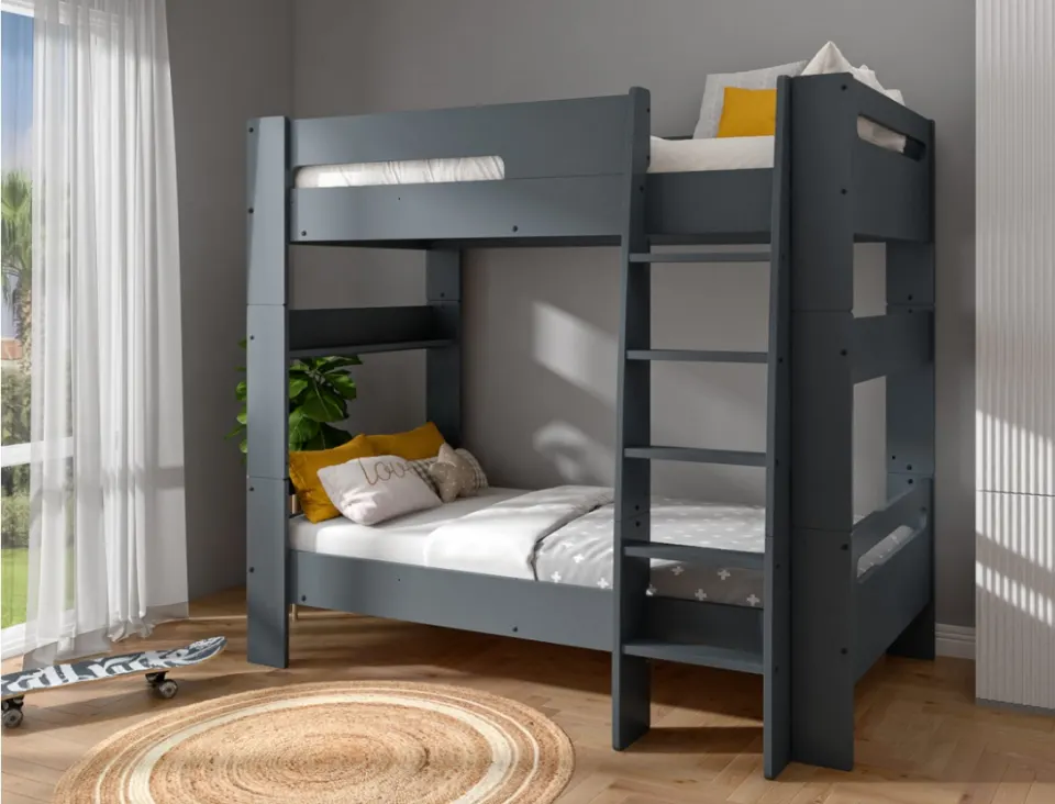 Bunk Bed – Slate Grey, Solid Panel Ends, Angled Ladder