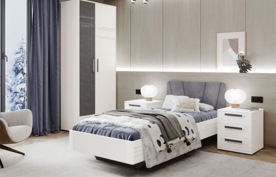 Dorm Room Set – White, Single Bed with Grey Padded Headboard