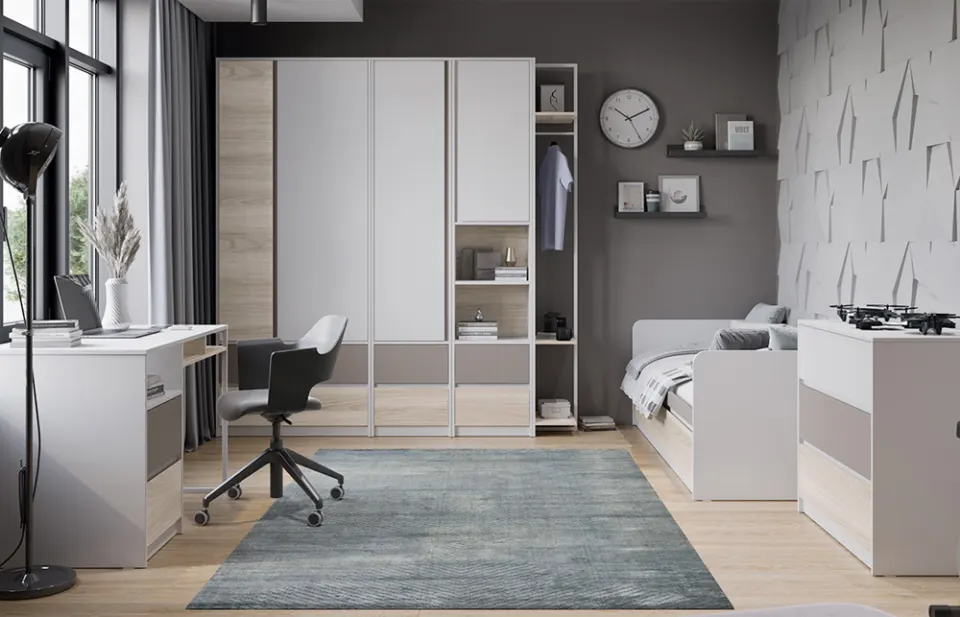 Dorm Room Set – White and Oak, Mirrored Wardrobe, Daybed