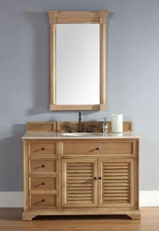 Natural Wood Bathroom Vanity – Louvred Doors, Side Drawers