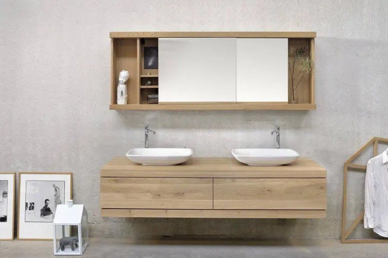 Oak Floating Double Bathroom Vanity – Shelved Mirror Cabinet
