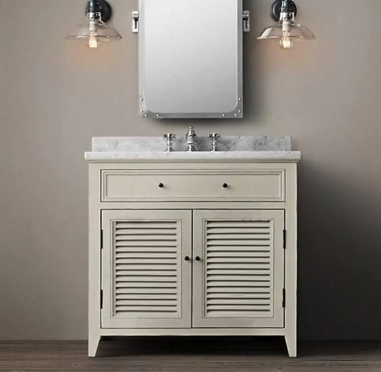 Cream Louvred Bathroom Vanity – Single Sink, Riveted Mirror