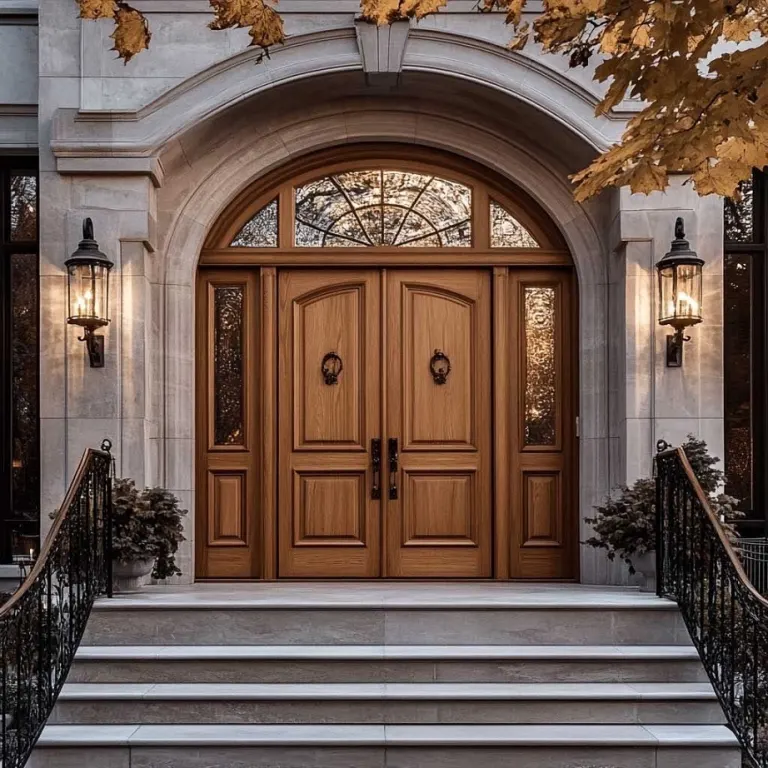 Arched Double Wooden Entrance Door – Leaded Glass Fanlight