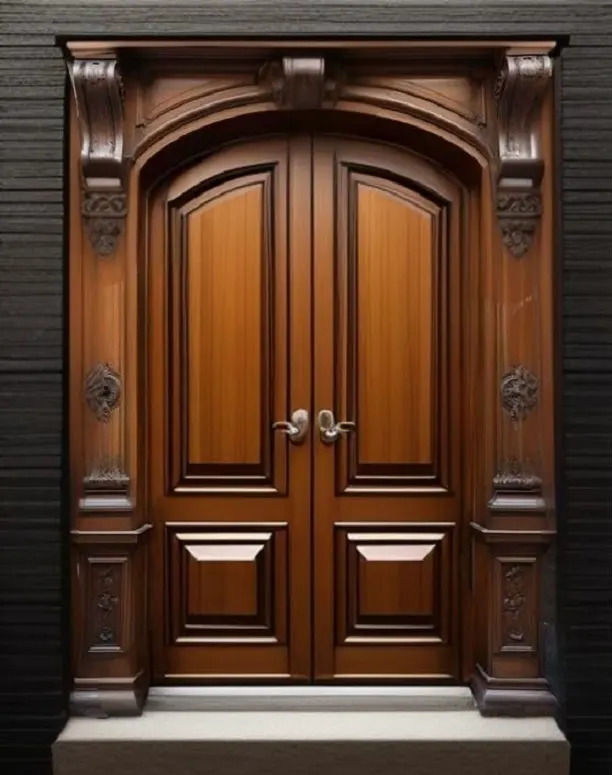 Walnut Double Entrance Door – Carved Corbels, Arched Panels
