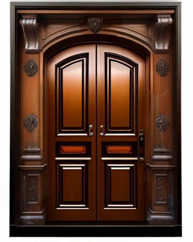 Glossy Mahogany Double Door – Rosette Carved Frame, Arched Panels