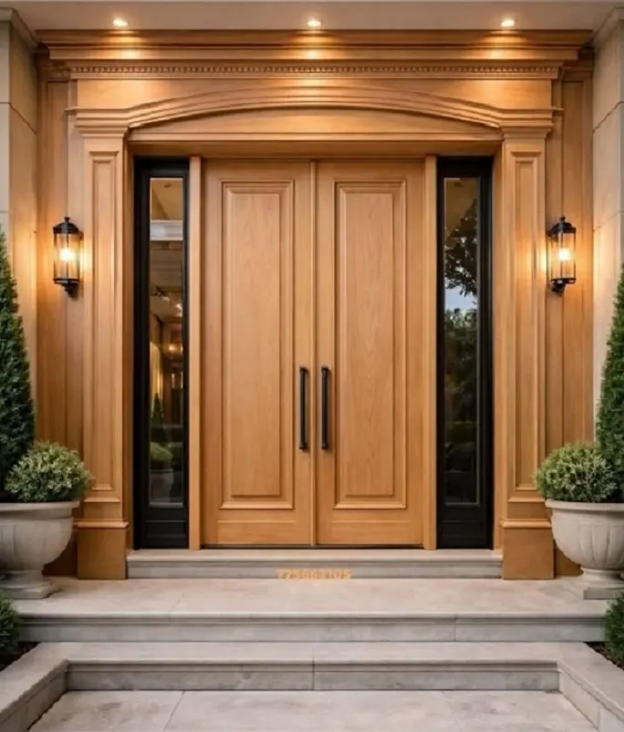 Light Oak Double Entrance Door – Glazed Sidelights, Cornice