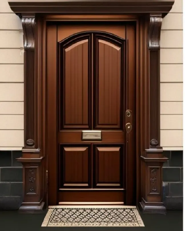 Mahogany Front Door – Arched Panels, Letter Slot, Corbels