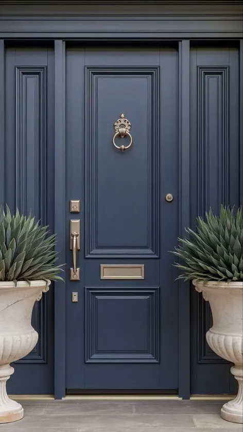 Navy Painted Front Door – Lion Knocker, Panelled Sidelights